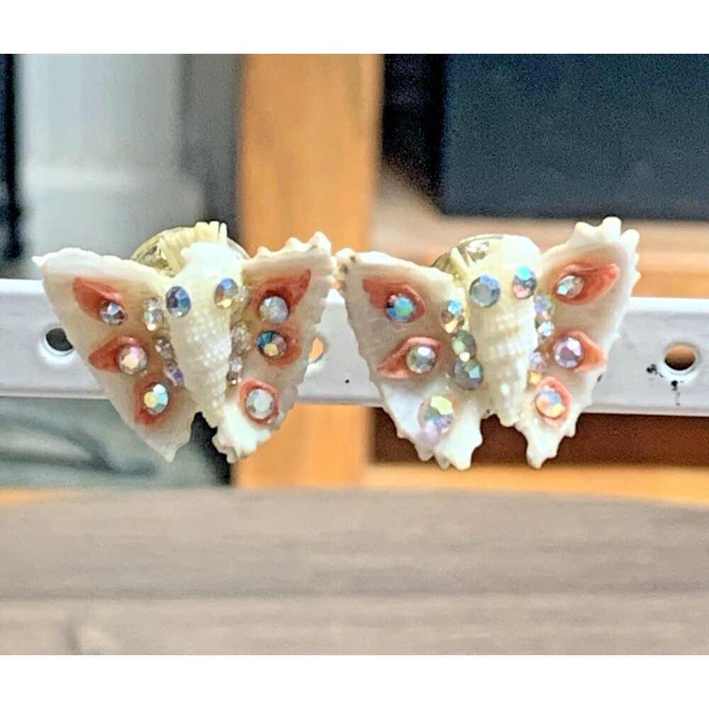 Vintage Butterfly Seashell Earrings Aurora Borealis Rhinestone Clip On Fairycore